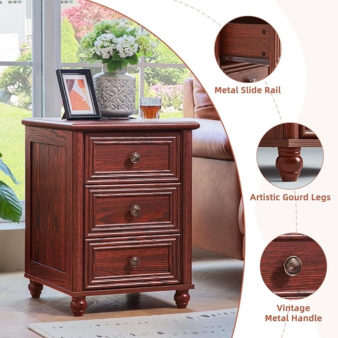 18" Farmhouse Nightstand with Charging Station and USB Port, RedOak Night Stand with 3 Drawers, Wood Bedside End Table with Storage, Bed Side Tables for Bedroom Living Room and Closet