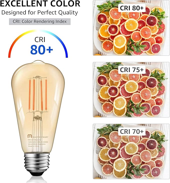 MASTERY MART Dimmable Vintage E26 LED Light Bulb, 2200K Warm White, 5.5W 60W Equivalent, Glass ST19 Antique Edison Style, 400 LM, Decorative Filament Bulb, UL and Energy Star, 6 Pack