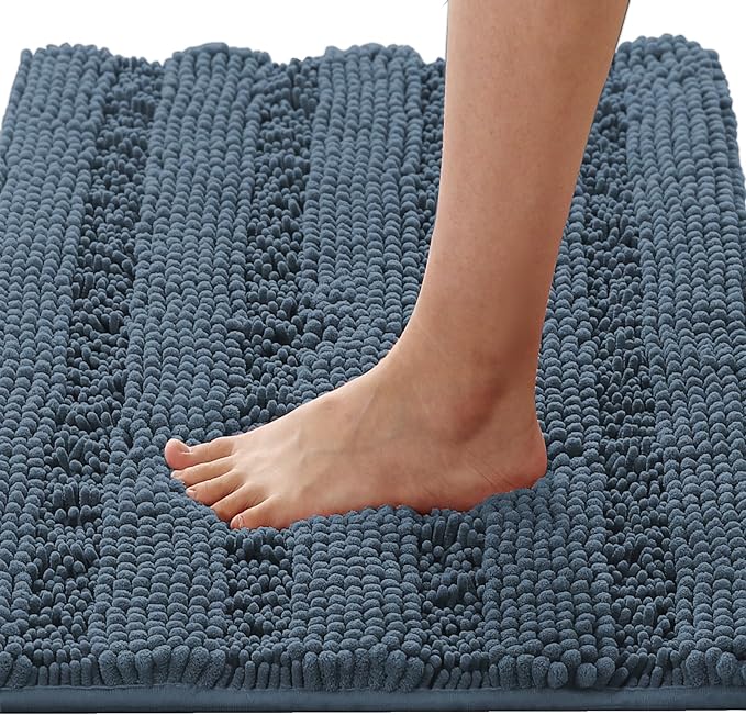 H.VERSAILTEX Bath Mats for Bathroom Non Slip Thick Chenille Striped Bath Rug Absorbent Fluffy Soft Shaggy Rugs Washable Dry Fast Plush Mats for Indoor, Bath Room, Tub - 17" x 24", Blue Indigo