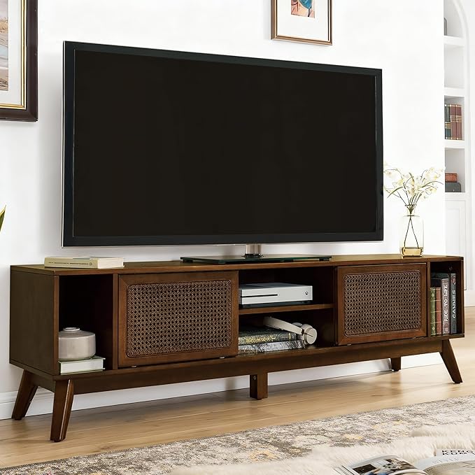 LKTART 68 Inch Mid Century Modern TV Stands with Rattan Doors, MCM Entertainment Center Media Console for 60/65/70/75 inch TVS, Long Boho Television Stand for Living Room, Dark Walnut