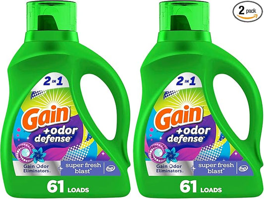 Gain + Odor Defense Liquid Laundry Detergent, Super Fresh Blast Scent, 88 Oz, 61 Loads, HE Compatible (Pack of 2)