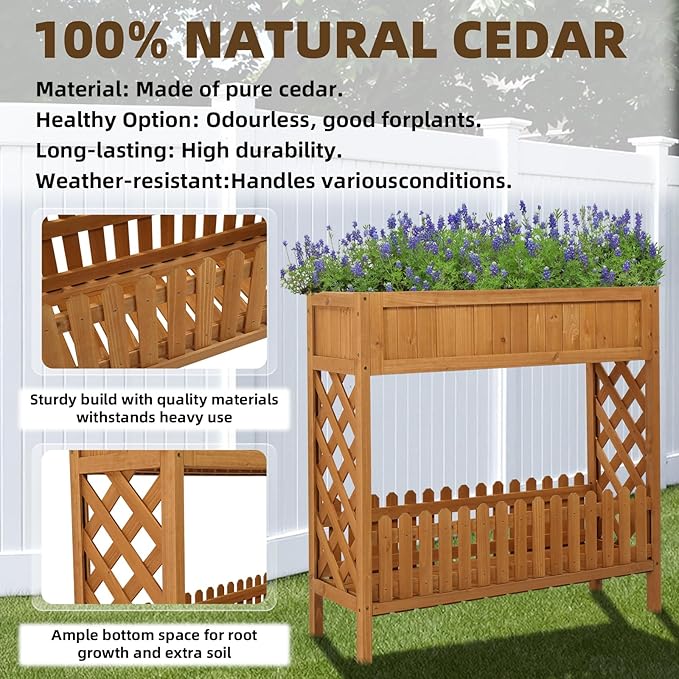 Outvita Raised Garden Bed, 37" L x 13" W x 35" H Wood Planter Box, Outdoor Wooden Elevated Planter Standing Gardening Box with Legs & Storage Shelf for Vegetable Fruits Flower Herb in Patio & Garden