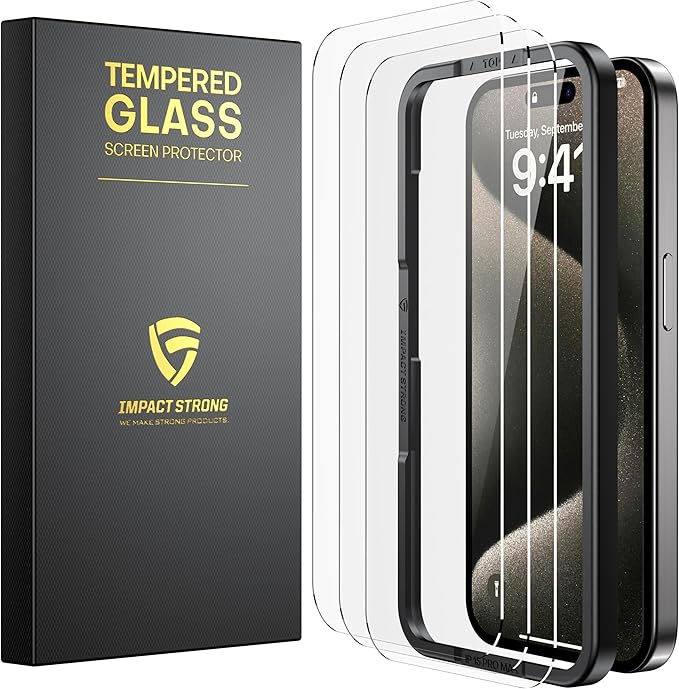 ImpactStrong Shatterproof Tempered Glass Screen Protector for iPhone 15 Pro Max [Easy Installation Frame] [Bubble Free] [9H Hardness] [Full Coverage] Case Friendly, 6.7 Inch - (3-Pack)