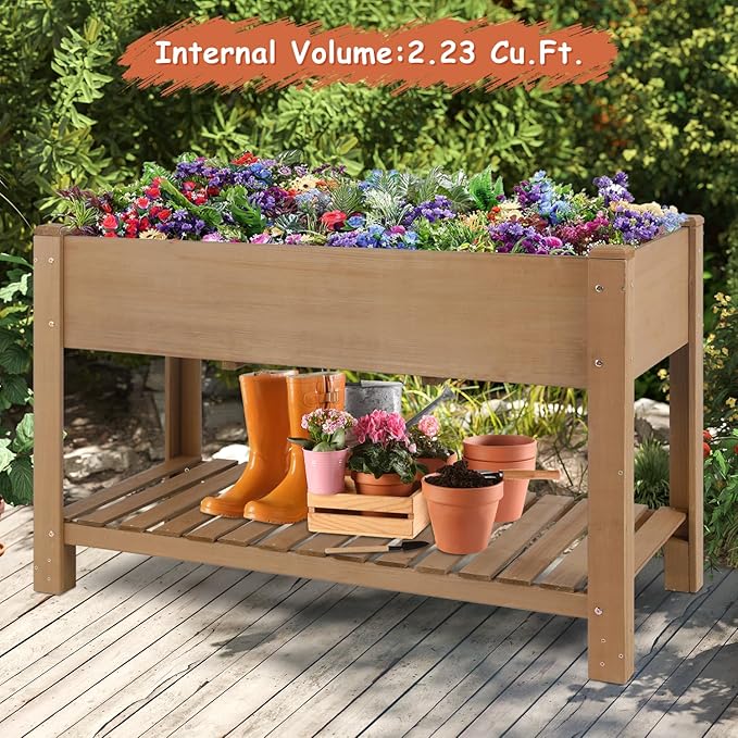 Raised Garden Bed Wooden Elevated Planter Box with Legs, Protective Liner Reinforced for Vegetables Herbs Flowers for Outdoor Patio Backyard Balcony Gardening (46.65“ L with Shelf)