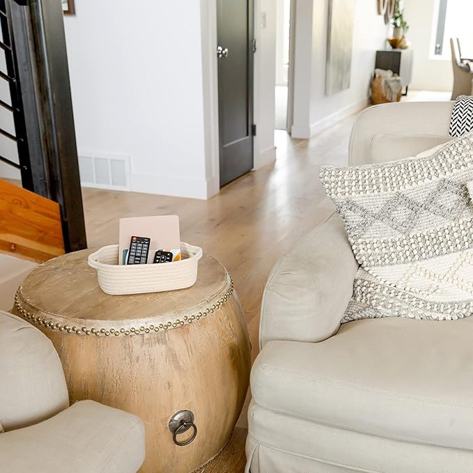 NaturalCozy 5-Piece Rectangle Storage Basket Set- Natural Cotton Rope Woven Baskets for Organizing! Small Basket for Montessori, Baby Nursery, Dog Toy Baskets, Cat Toy Box, Bathroom Organization Bin