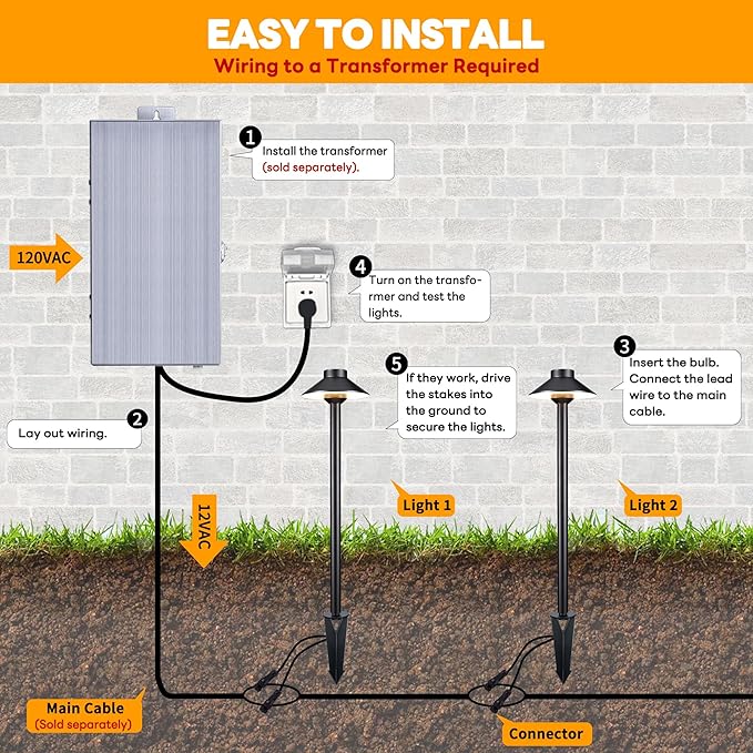 Low Voltage Landscape Sidewalk Lighting, Solid Brass Pathlights, LED Driveway Warm Light Waterproof, Hat Shaped 12V Wired Black for Walkway Garden with 3W 270LM 3000K G4 Bulb (12 Pack)