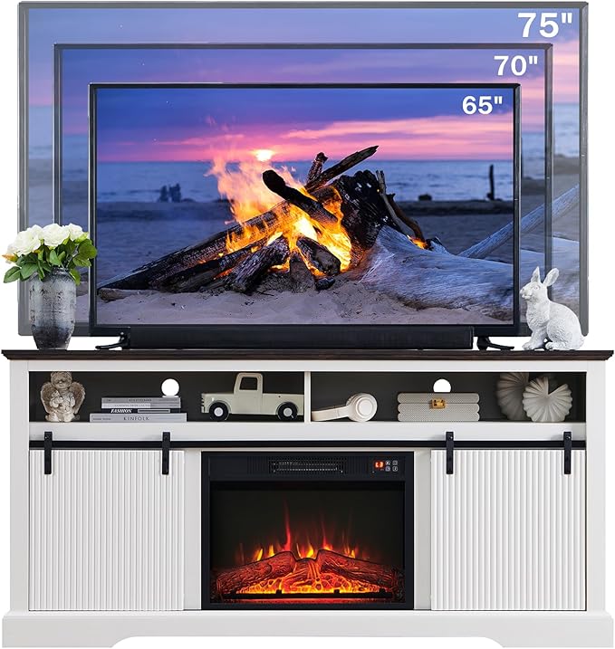 Fluted Fireplace TV Stand for TVs Up to 75 Inch, Modern Entertainment Center with Waveform Panel Sliding Door & Adjustable Shelves, Media Console for Living Room (White)
