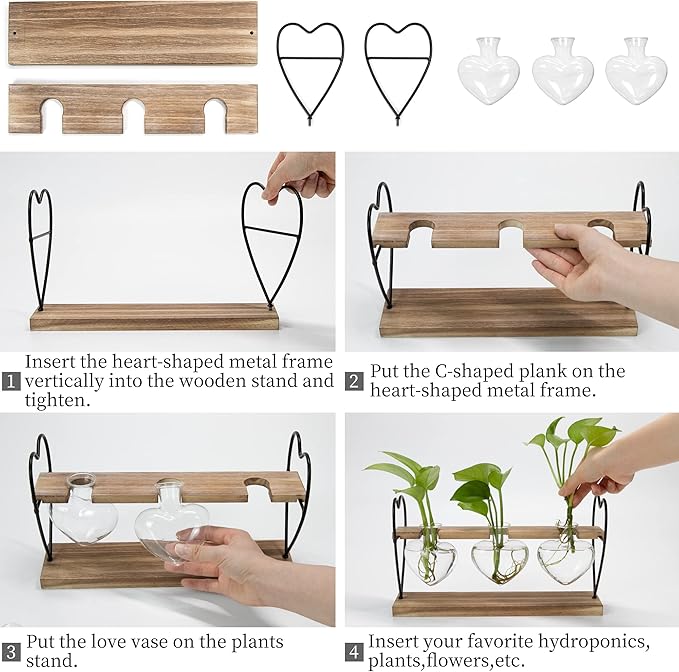 takfot Plant Propagation Station with Wood Stand, Terrarium Tabletop Glass Planter for Hydroponics Air Plants Home Decor, Plant Holder Lover for Mother Family Women 3 Heart Shaped Vase
