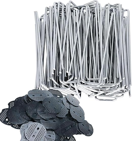 Finderomend 100 Pack Landscape Staples and 100 Pack Gaskets,8" 11 Gauge Galvanized Steel Garden Staples with Black Pads,Landscape Pins Turf Staples for Securing Weed Barrier Fabric Artificial Grass