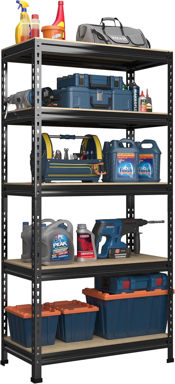PrimeZone Storage Shelves, 27.5" W X 12" D X 59" H Adjustable Metal Heavy Duty Garage Shelving Unit, 5 Tier Industrial Standing Utility Rack Organizer for Warehouse, Pantry, Kitchen, Basement, Black