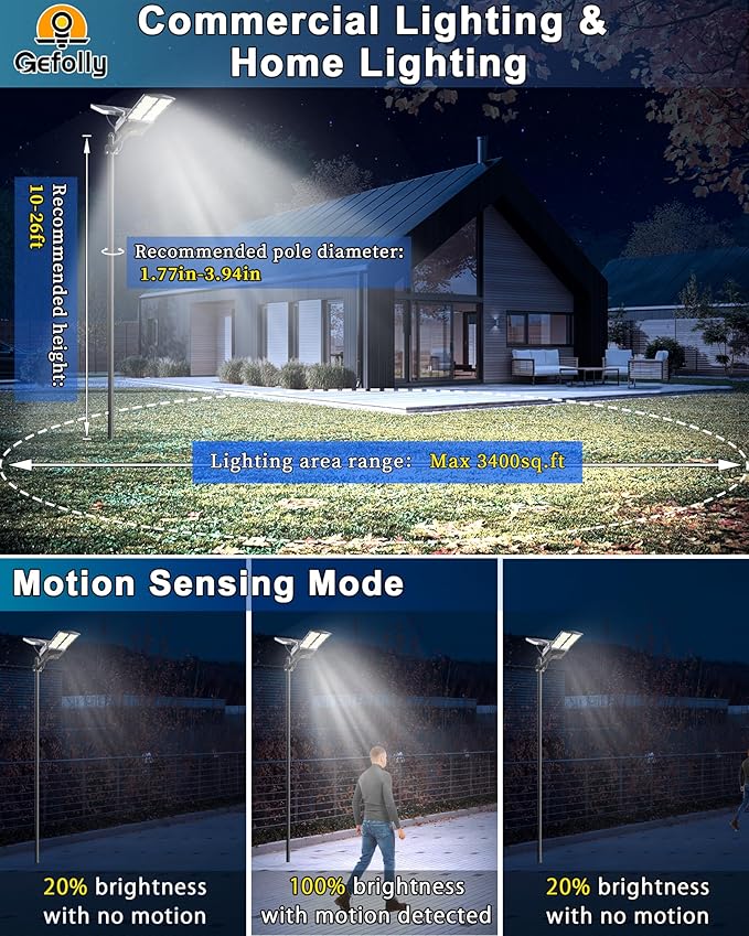 Gefolly SL-8500W Solar Street Light Outdoor 500000LM Commercial Parking Lot Lights Dusk to Dawn 6500K Flood Security Light IP67 Lamp with Motion Sensor for Basketball Court, Yard, Road