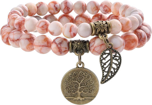 Bivei Natural Semi Precious Gemstone beads bracelet for women - Life Tree and Leaf Charm Energy Reiki Crystal Stretch Bracelets