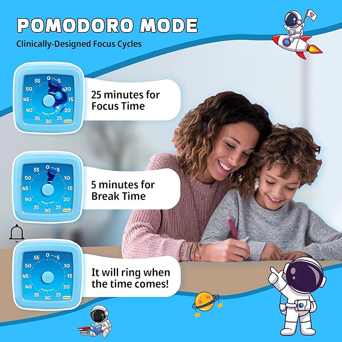 Visual Timer for Kids, 60-Minute Countdown Timer for Classroom Office Kitchen, Pomodoro Timer Spaceman Pattern, Time Management Tools with Silent Operation,Desk Time Clock for Kids and Adults