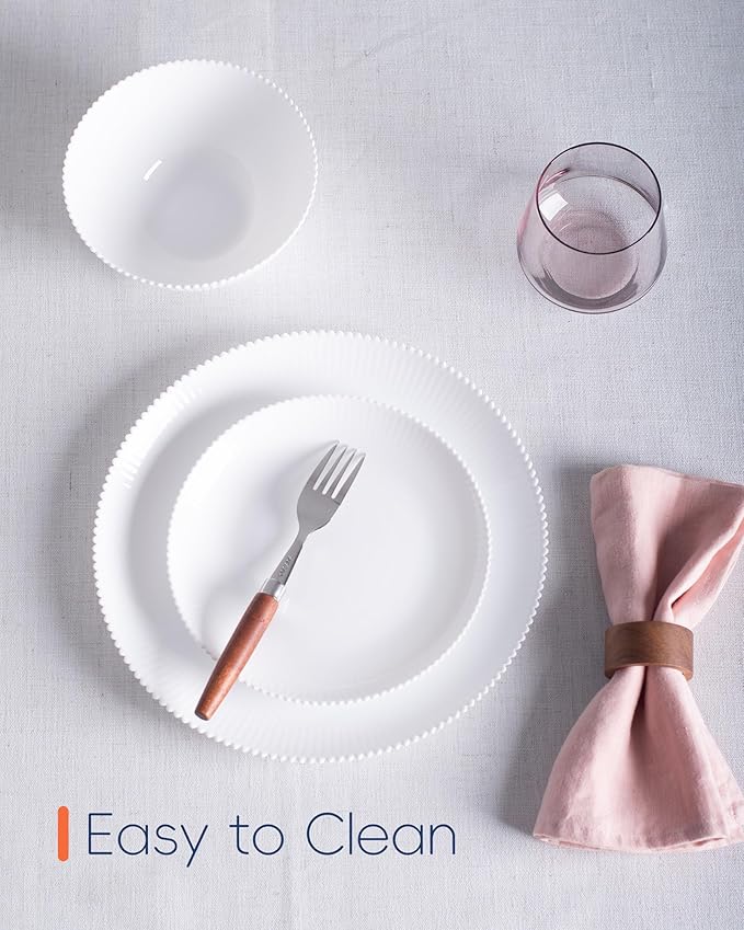 10.5 inch Ribbed Dinner Plate Set of 6, Round Opal Glass White Dinnerware Plates, Dishwasher and Microwave Safe