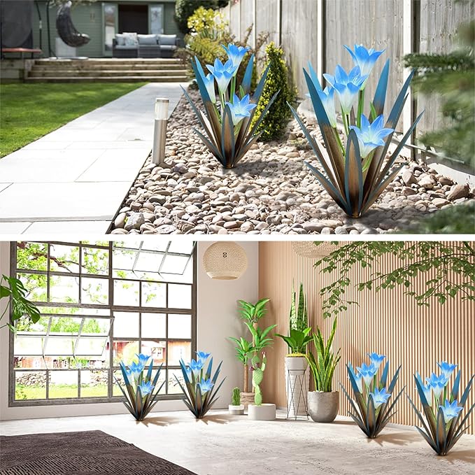 Homight Metal Agave Plant Outdoor Decoration Lily Mexican Yard Art Garden Gift - 3 Big Blue Lilies