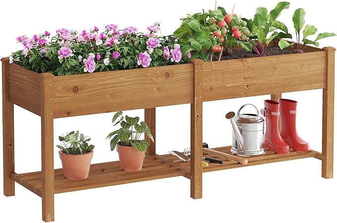 FILWH Raised Garden Bed with Legs Elevated Wooden Planter Box Stand Large Planter Stand Box for Fruits Vegetables Flowers with Divider with Bag- 72 * 24 * 30.5IN（Brown）