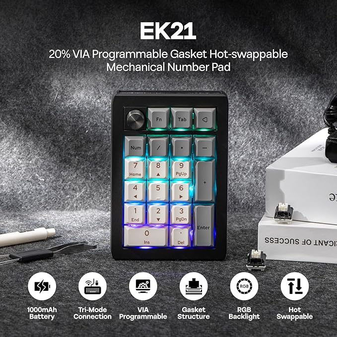 EPOMAKER EK21 VIA Gasket Number Pad with 1000mAh Battery, BT 5.0/2.4GHz/Wired Hot-Swap Numpad with Aluminum Alloy knob, Programmable for Win/Mac/Gaming (Black Silver, Wisteria V2 Switch)