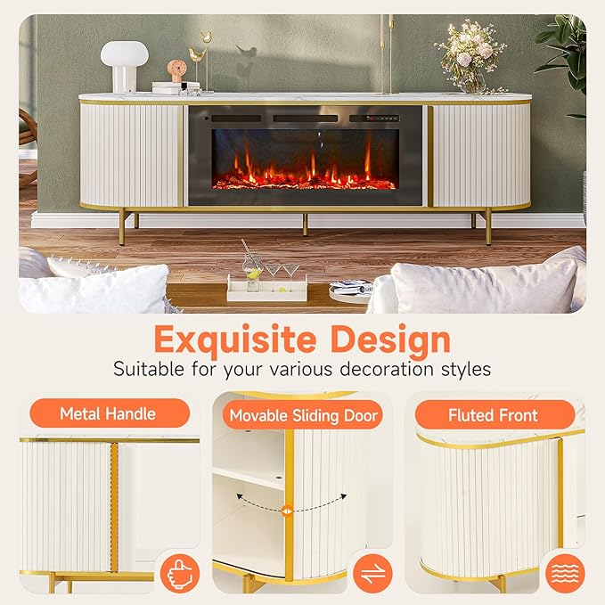 Luxury 70" Fluted Fireplace TV Stand, Modern Chic Entertainment Center for TVs Up to 80", TV Console for Living Room, White Media Cabinet with Storage,70 Inch