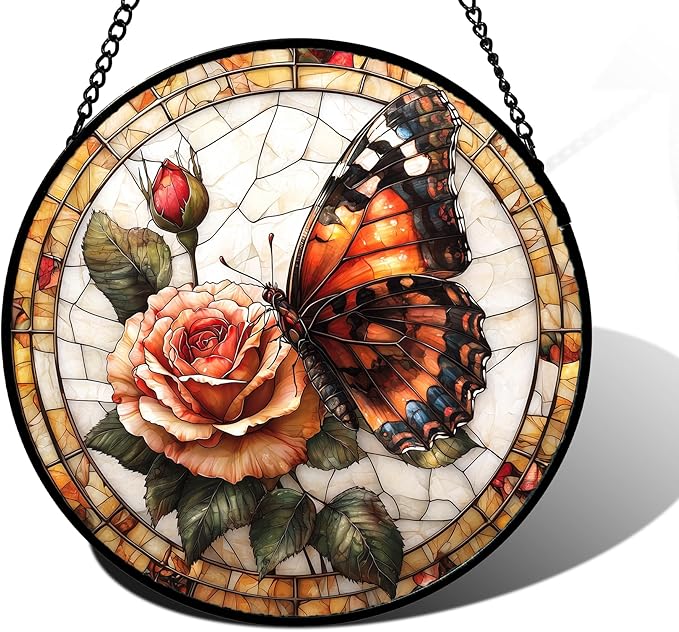 Stained Glass Window Hanging, Butterfly Picking Flowers Suncatcher for Doors Home Sun Catchers Decoration and Christmas, Mother's Day Birthday Gifts for Women, Men, and Mom 7.8 in