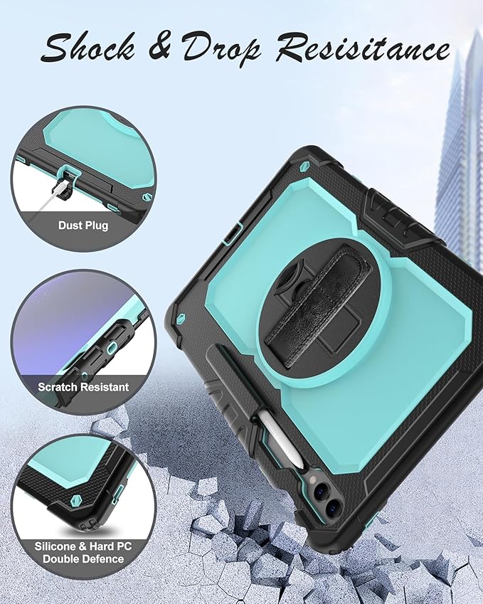 Tablet Case Compatible with Samsung Galaxy Tab S10 Plus 2024/S9 FE+/S9 Plus 5G Case 12.4-inch 2023,with Tempered Glass Screen Protector,Rotating Kickstand, Shoulder Strap (SkyBlue)