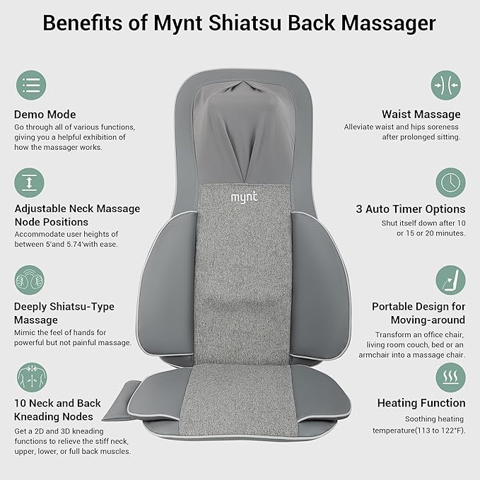 Mynt 2D & 3D Shiatsu Neck and Back Massager for Chair with 10 Deep Kneading Nodes, Adjustable Back Massage with Heat, Portable Massage Chair Pad (Gray)