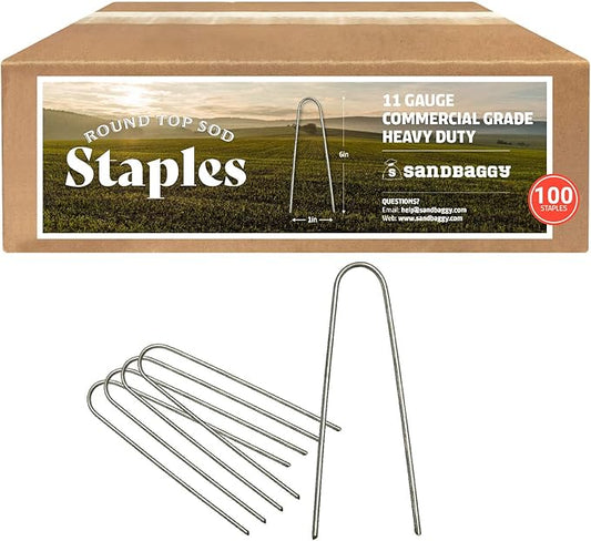 Sandbaggy Round Top 6-Inch Landscape Staples ~ SOD Garden Stakes Square Pin for Ground Cover Fabric & Drip Irrigation Tubing (100 Staples)