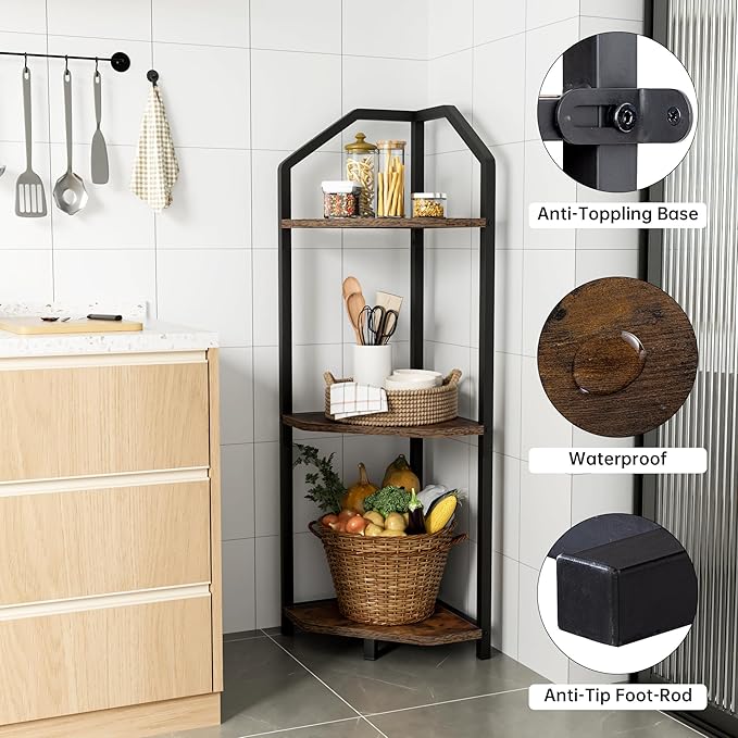 Fun Memories 3 Tier Corner Shelf, 40” Corner Shelf Stand, Corner Bookshelf Plant Stand, Storage Shelf for Bathroom, Living Room, Kitchen,Grey Home Office, Brown