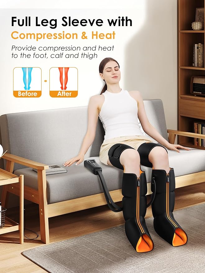 Leg Massager with Heat and Air Compression, Foot Calf & Thigh Massage for Circulation and Pain Relief, Sequential Compression Device for Swollen Legs, 3 Intensities 6 Modes - FSA HSA Eligible