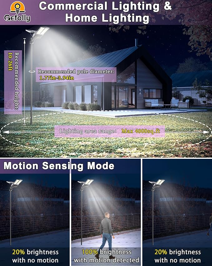 Gefolly SL-11000W Solar Street Light Outdoor 700000LM Commercial Parking Lot Lights Dusk to Dawn 6500K Flood Security Light IP67 Lamp with Motion Sensor for Basketball Court, Yard, Road