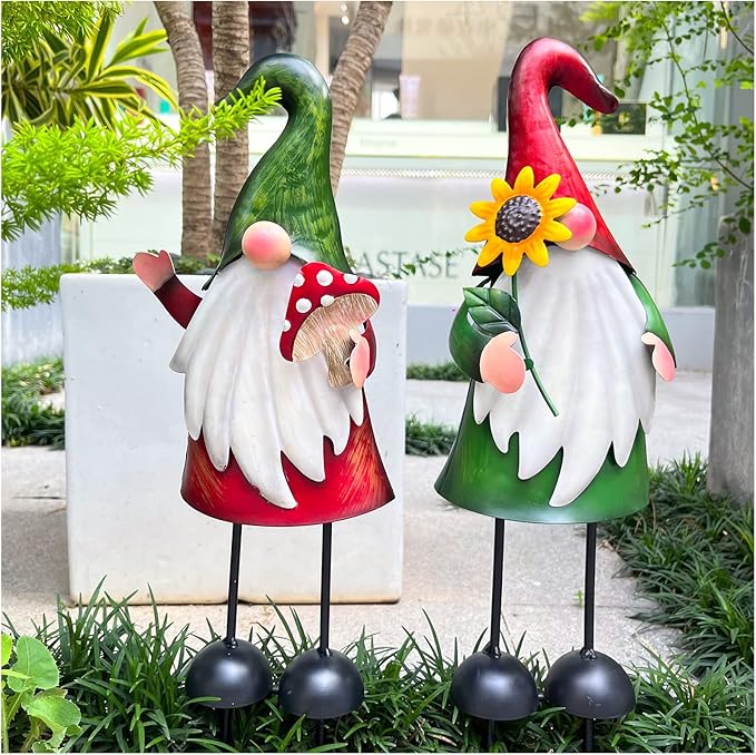 HONGLAND Metal Gnome Yard Art Outdoor Gnomes Garden Statue 18 Inch Gnome Figurine Decorative Stakes for Holiday Christmas Lawn Patio Yard Garden Decor-2 PCS