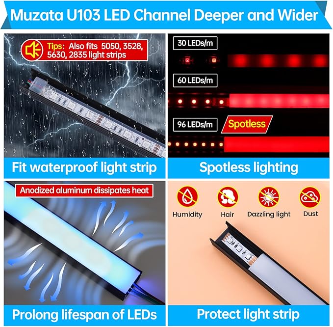 Muzata 10Pack 6.6FT/2M Plus-Size Spotless LED Channel Black LED Strip Diffuser Channel with Milky Frosted White Diffuser Cover U103 BW 2M