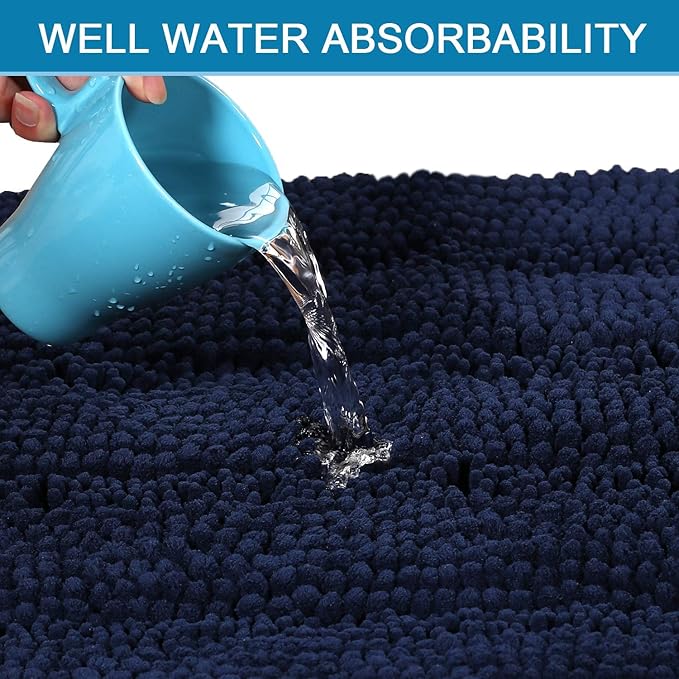 H.VERSAILTEX 2 Piece Bathroom Set - Super Absorbent Chenille Striped Bath Mats and Rugs - Non-Skid, Machine Washable Floor Mats (Navy, 24 x 36 Plus 20 x 32 Inches)