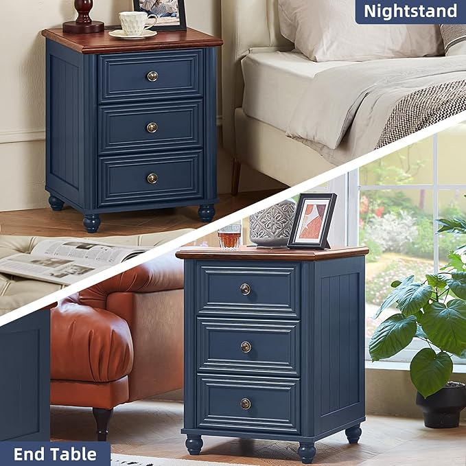 18" Farmhouse Nightstand with Charging Station and USB Port, Blue Night Stand with 3 Drawers, Wood Bedside End Table with Storage, Bed Side Tables for Bedroom Living Room and Closet