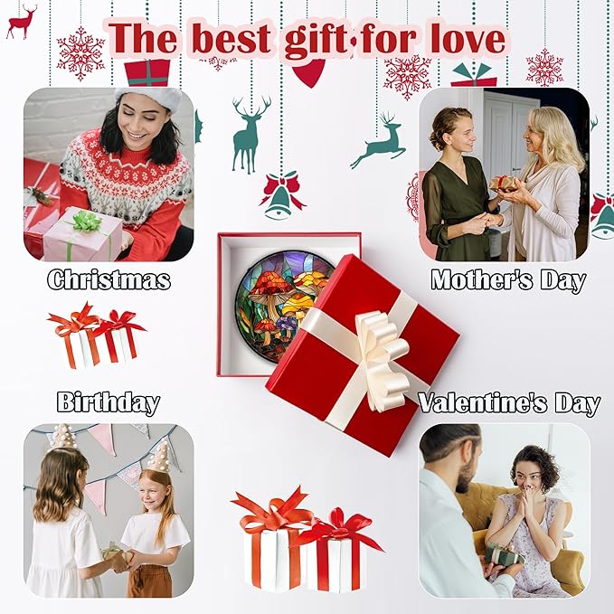 Stained Glass Window Hanging, Jungle Mushrooms Sun Catchers Diamond Glass Panel Hangings Plant Suncatcher Decor for Birthday for Women, Men, Wife, Aunt, and Mom 9.8 in