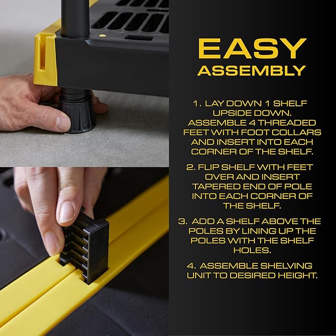 BLACK & YELLOW 4-Tier Heavy Duty Plastic Storage Shelving Unit, 100lbs/shelf (55"H x 24"W x 20"D), for Indoor/Outdoor Organization, Modular Rack, Extremely Durable, Made in The USA