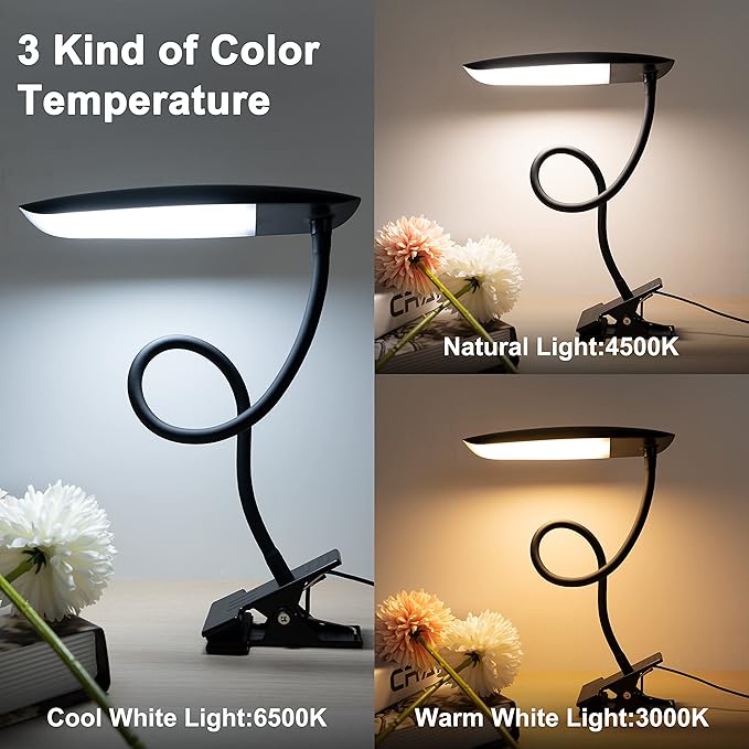 Clip on Lamp USB Reading Light 3 Color Modes 3000-6000K and 10 Brightness 8W 40 LED Flexible Gooseneck Desk Light Clip on Lamp for Desk Eye Caring Bed Lamp for Headboard (No Plug)