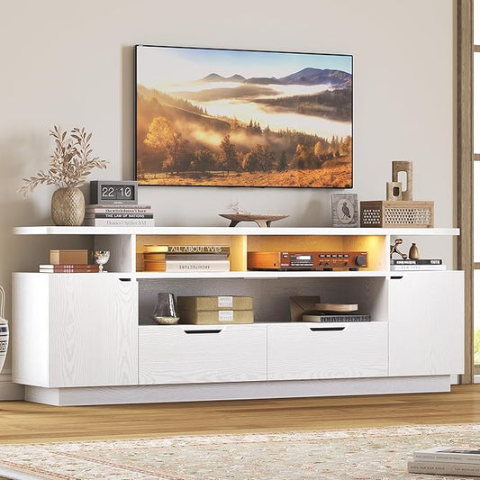 IRONCK TV Stand for TVs 85 inch with Power Outlet and LED Lights, Entertainment Center with Storage Cabinets, Media TV Console with Drawers, Modern TV Stand for Living Room, White