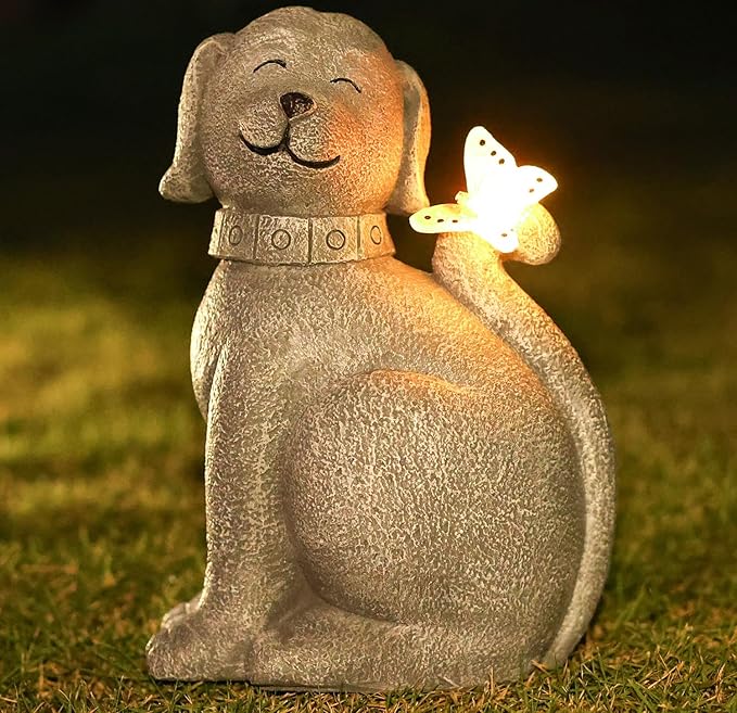 Solar Garden Statue Dog Figurine- Garden Art with Butterfly Light, Art Dog Sculpture for Patio,Balcony,Yard, Lawn-Unique Housewarming Gift for Mom Grandma