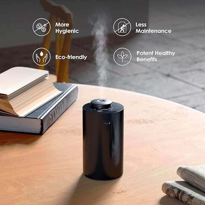 Waterless Essential Oil Diffuser Starter Kit with 4 x 10mL Fragrance Scent Oil, Battery Operated Mini Scent Air Machine Portable Diffuser for Home Car Office, AN6 Black Kit01