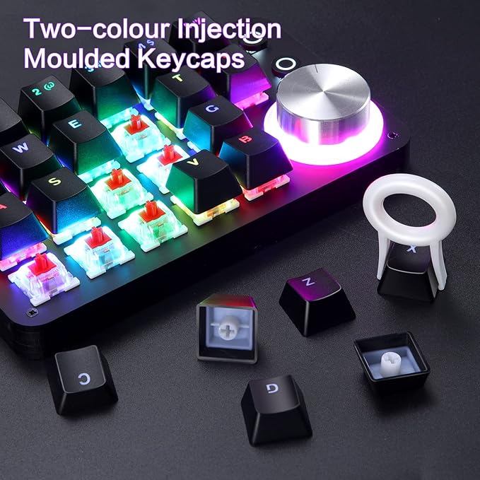 Koolertron 24 Keys Programmable Keyboard，One Handed Macro Mechanical Keyboard, RGB LED Backlight Red Switch USB Portable Keyboard with Fully Knobs, 24 Keys Macro Pad for Gaming