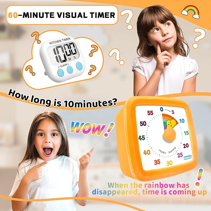 Visual Timer for Kids 60 Minute, Rainbow Countdown Clock with Silent Operation & Adjustable Alarm, Time Management Tool for Classroom, Kitchen, Toddler ADHD, Autism, Study, Pomodoro