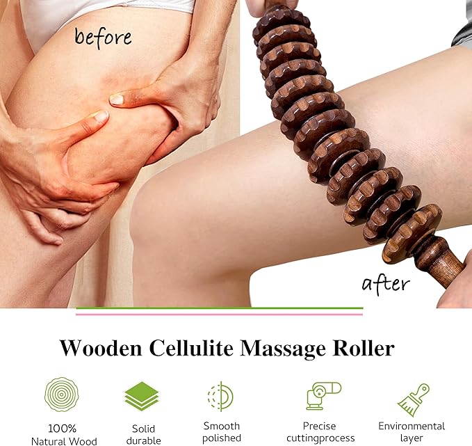 Wooden Curved Handheld Roller Stick Massager - 12 Rollers Wood Therapy Tool for Trigger Point, Fascia & Cellulite Reduction, Lymphatic Drainage, Muscle Tension Relief & Body Shaping (Brown)