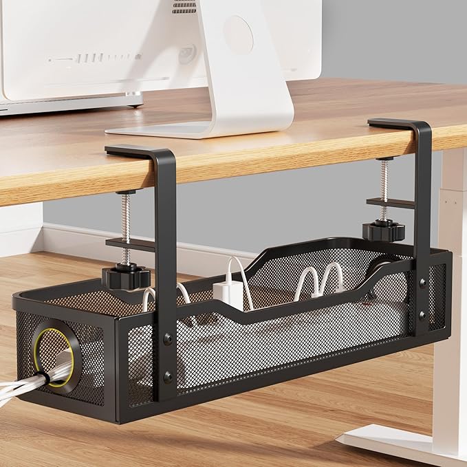 [Upgraded] Under Desk Cable Management Large, Cinati 16" Cable Management Box for Table Thickness up to 3", Wire Cord Organizer with Clamp No Drill, No Damage to Desk(Black)