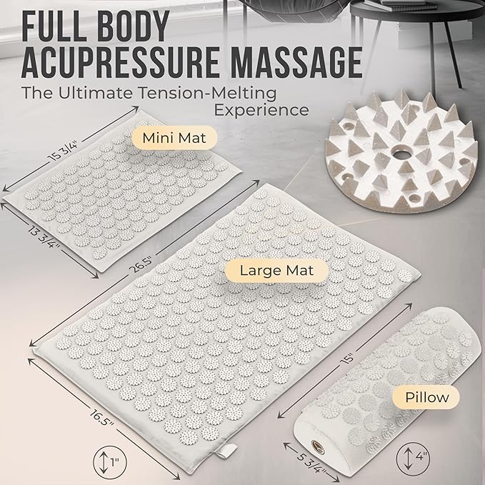Acupressure Mat and Pillow Set with Extra Mini Accupressure Massage Mat - Acupuncture Mat Full Body - Accupoint Mat for Back Pain (Natural Cotton)