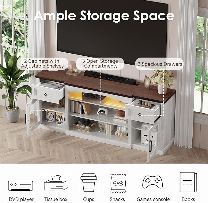 Farmhouse TV Stand, 70" Modern TV Stand with LED Lights & Outlet, 2 Drawers, Transparent Doors, Entertainment Center with Adjustable Shelves for Fireplace(36" Wx15 H), Antique White