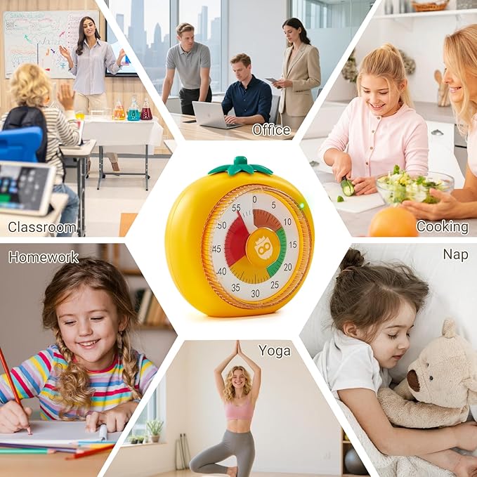 Visual Timer for Kids, 60-Minute Countdown Timers for Classroom Office Kitchen with Silent Operation, Kids Timer for Teaching with Cute Design, 4-Color Zone Pattern Pomodoro Timers