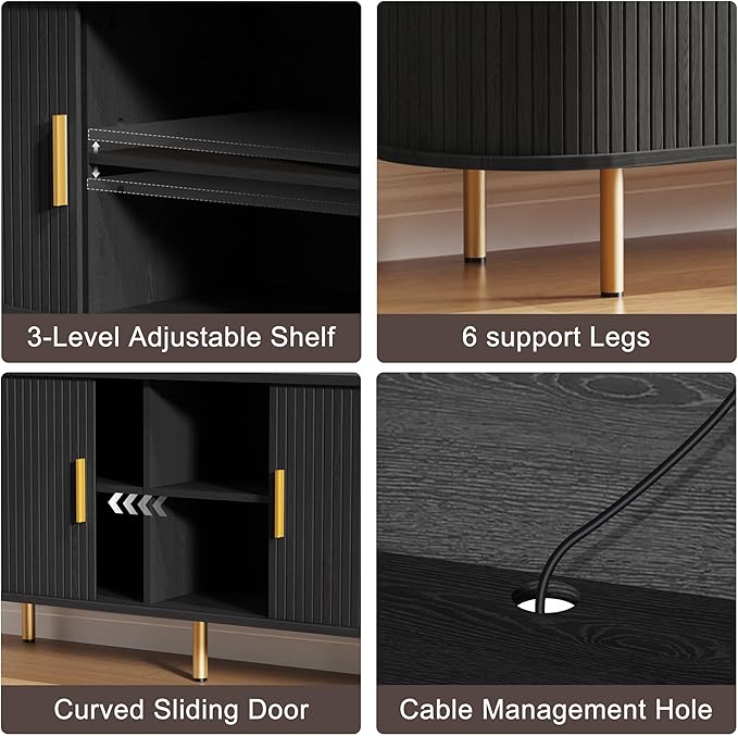 DHH 70 inch Tv Stand Cabinet with Storage,Fluted Tv Console Entertainment Center with Storage Adjustable Shelves, Modern Vintage with Sliding Doors tv Stand for Living Room (Black, 70 Inch)