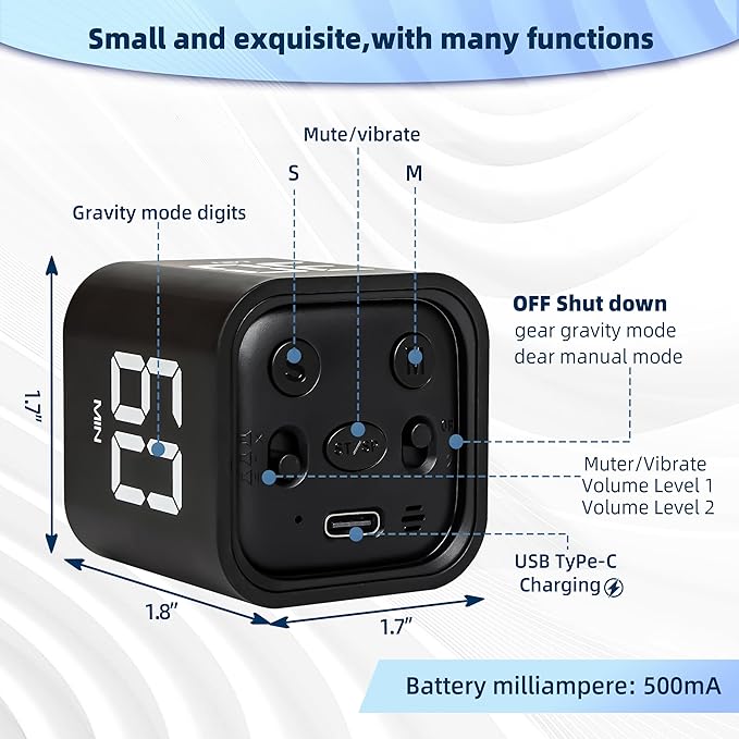 VEWINGL Cube Productivity Timer, 5/10/30/60 Min Presets + Custom Countdown, Silent/Vibrate/Sound Alarm, Pause & Resume, Desk Timer for Work, Study, Tasks, Kitchen