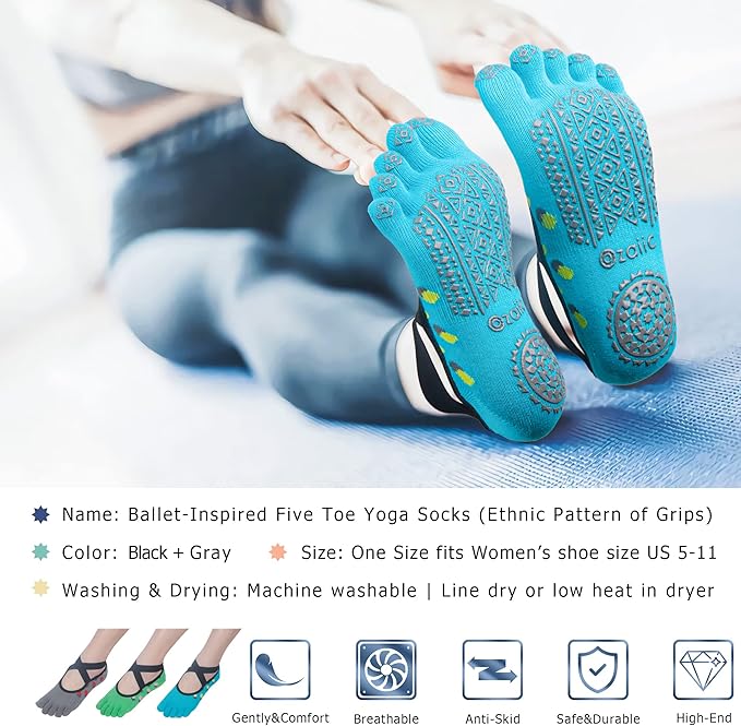 Ozaiic Yoga Socks for Women with Grips, Non-Slip Five Toe Socks for Pilates, Barre, Ballet, Fitness