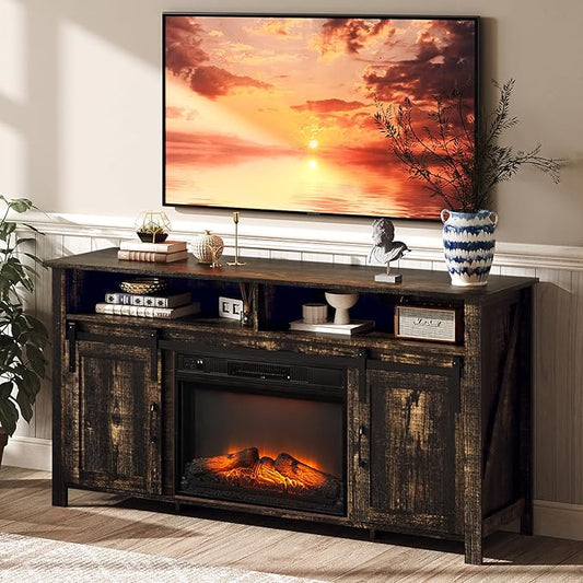 VINGLI Fireplace TV Stand with Sliding Barn Door for 70 Inch TV, Farmhouse Entertainment Center with 23" Fireplace, Media Console Table with Storage Cabinets for Living Room, Dark Rustic Oak
